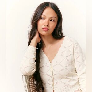 EUC Love Shack Fancy Cream Petra Knit Heart Argyle Cardigan Small